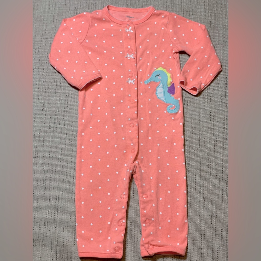 Carter’s coral seahorse button up long sleeve romper